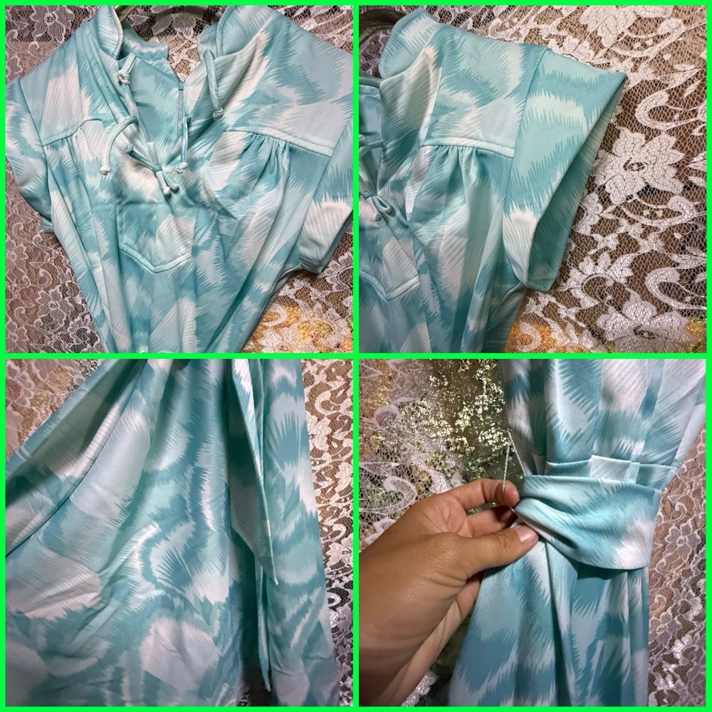 Vintage Aqua blue and White Midi Dress 70s polyester exc. cond. S/M